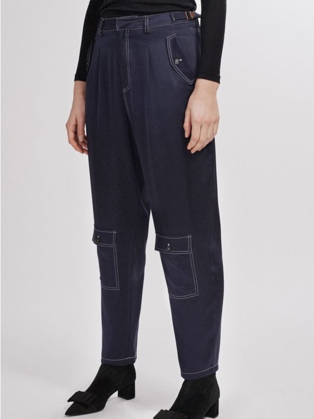 High-Waist Navy Utility Cargo Silk Pants